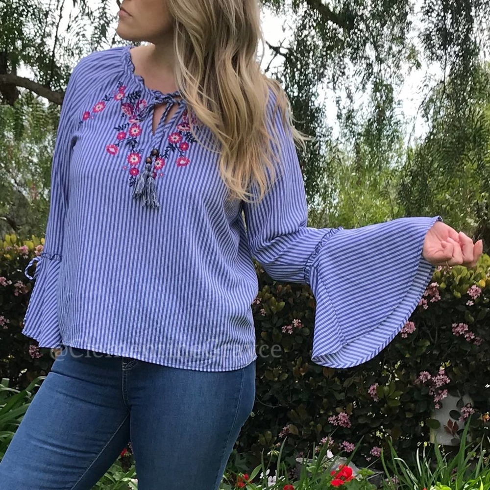 Blue & White Embroidered Bell Sleeve Blouse